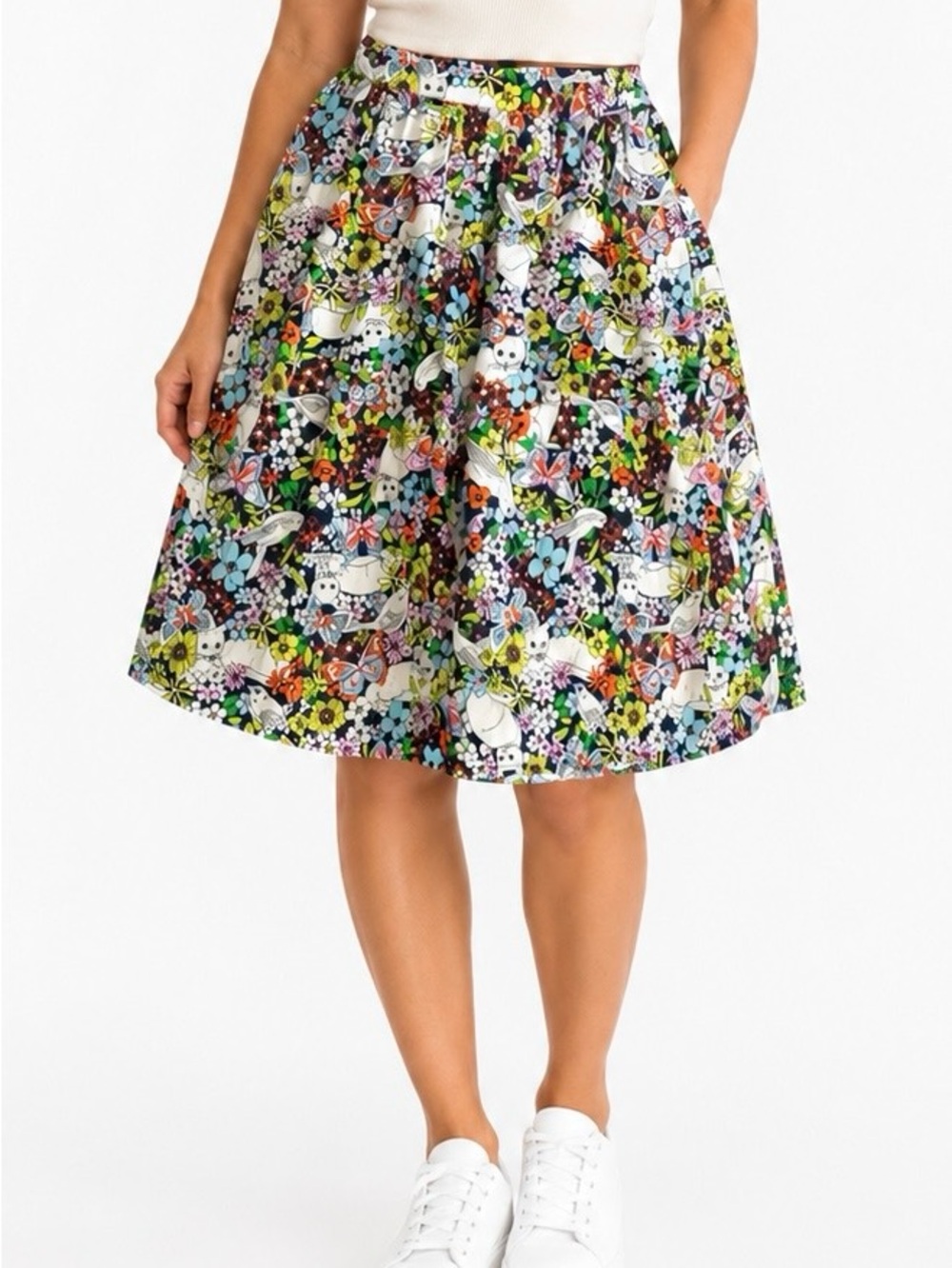 NFS ModCloth Cotton A-line skirt Floral Cat print Womens L Pockets Whimsical